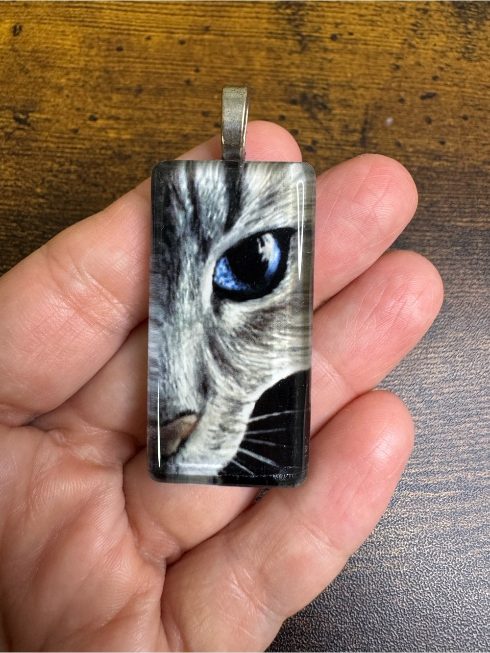 Blue-Eyed Glass Cat Pendant Necklace - Gray and Black Cat Design